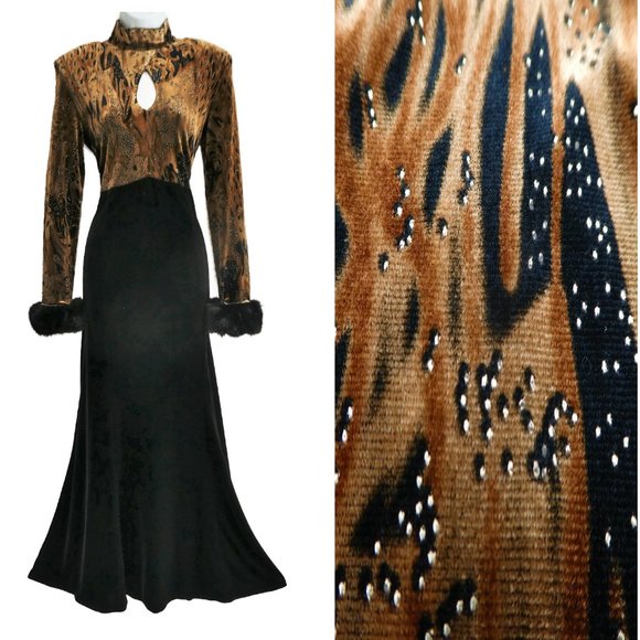 Joseph Ribkoff Couture Velour Animal Brown Black Keyhole Mock Neck Faux Fur Cuff